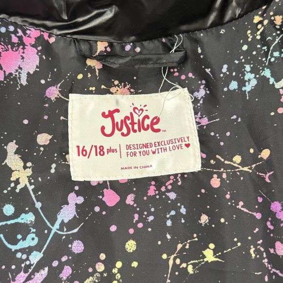 Justice puffer jacket black shimmer water resistant removable hood pockets - Picture 14 of 16